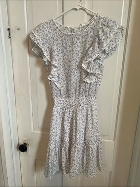 Blu Pepper White Dress with Light Blue Floral Ruffles